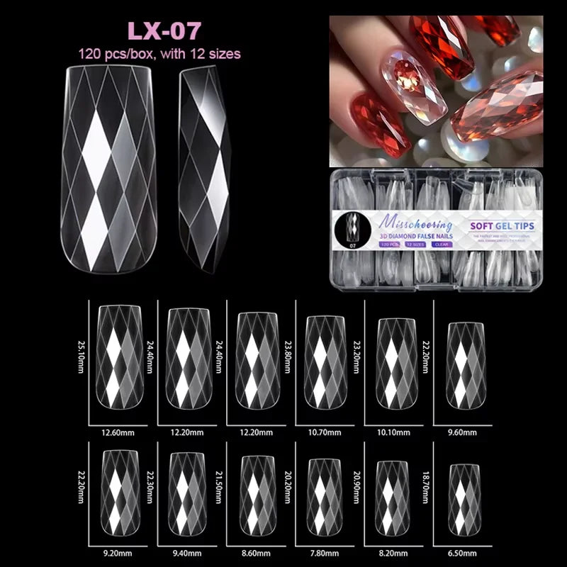 Collection d'extensions de ongles en acrylique de différentes longueurs et formes pour faux ongles.