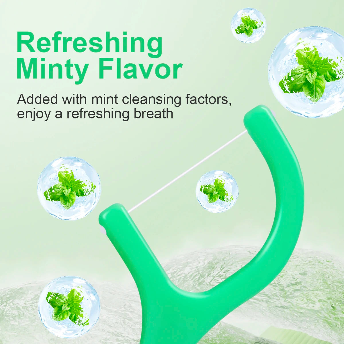 Bâton de fil de menthe verte avec goût rafraîchissant à la menthe, présentant des feuilles vertes dans des sphères transparen