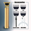 A professional electric hair trimmer with various accessories including cleaning brushes and a USB cable.