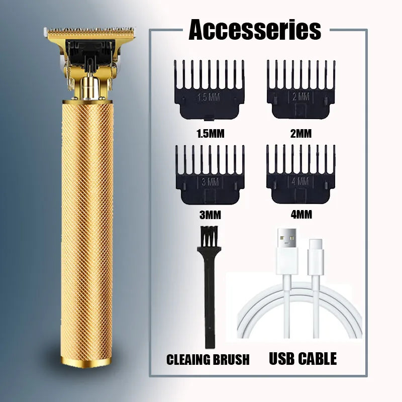 A professional electric hair trimmer with various accessories including cleaning brushes and a USB cable.