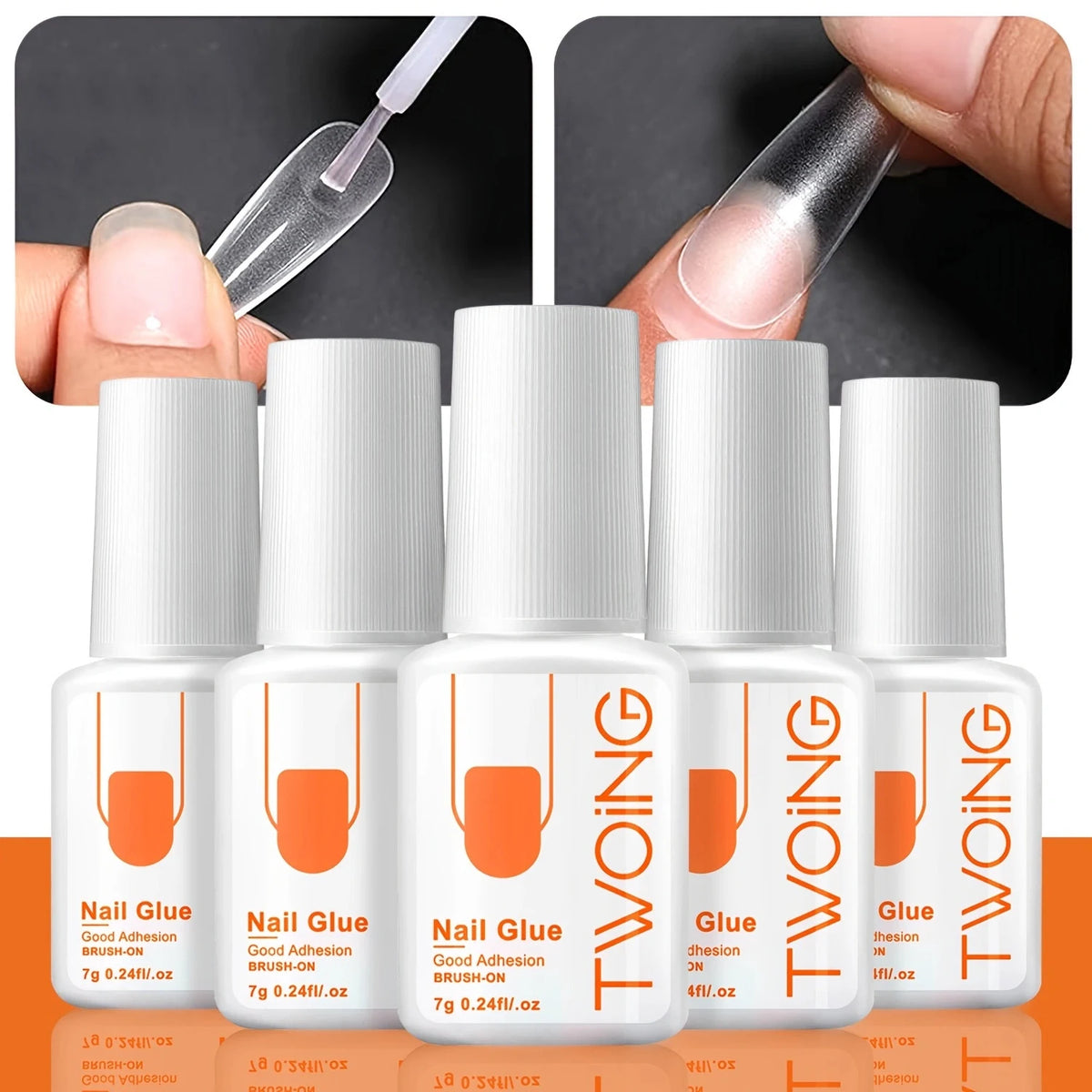 A bottle of Twoing Nail Glue with a dropper and a hand demonstrating its use for press-on nails.