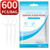 A package of 600 professional clean dental floss picks in a blue pouch, showing the product and usage benefits.