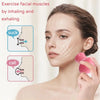 A woman is using a pink facial sculpting masseter muscle trainer to exercise facial muscles by inhaling and exhaling.