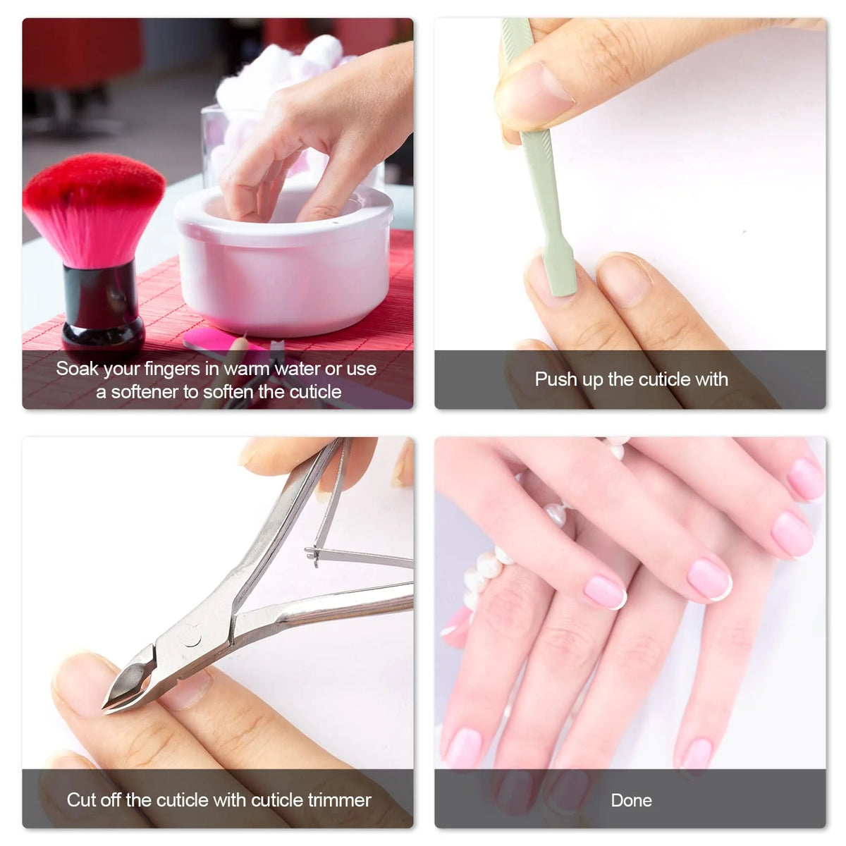 Step-by-step guide showing how to soak, soften, cut, and finish cuticles using a professional stainless steel nipper set