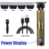 A professional wireless beard shaver trimmer with a gold body, various size combs, and an attached USB cable.