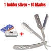 A silver folding straight razor set including one holder and ten blades.