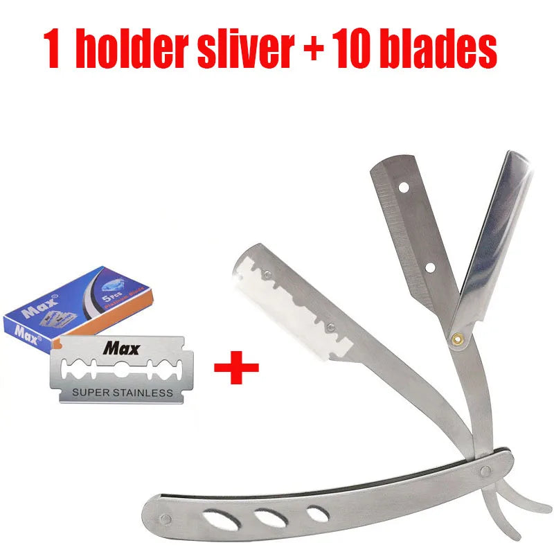 A silver folding straight razor set including one holder and ten blades.