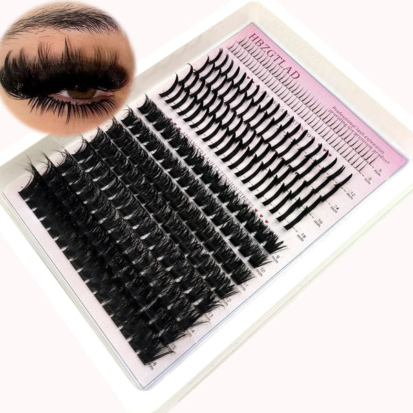 Exhibición de racimos voluminosos de pestañas negras y una guía para extensiones de pestañas.