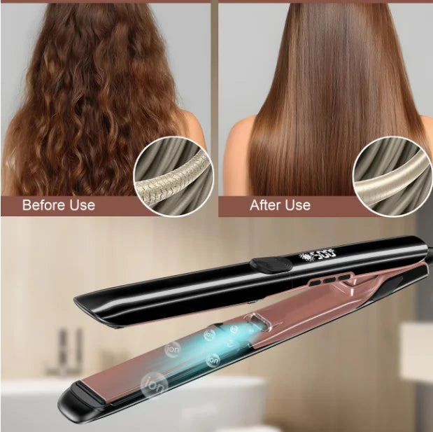 Plancha y rizador 2 en 1 negro y oro rosa con comparaciones de cabello antes y después