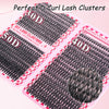 A display of various D curl lash clusters in 30D, 50D, and 40D sizes for DIY eyelash extensions.