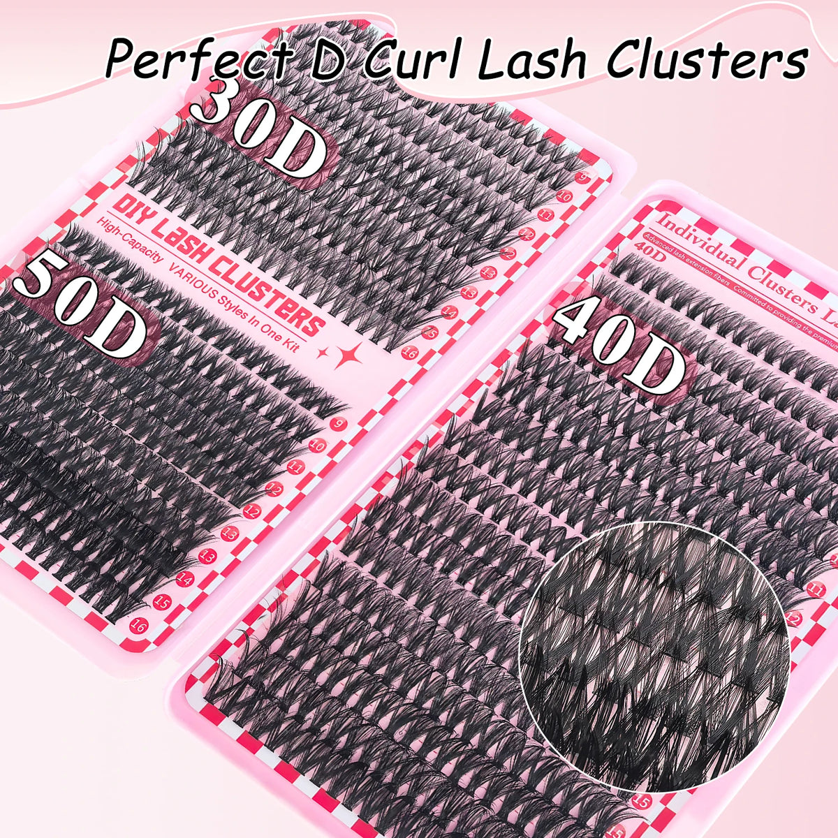 A display of various D curl lash clusters in 30D, 50D, and 40D sizes for DIY eyelash extensions.