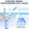 A hand fills a bottle with water and adds 1.8g of nasal wash saline to create a 0.9% concentration saline solution.