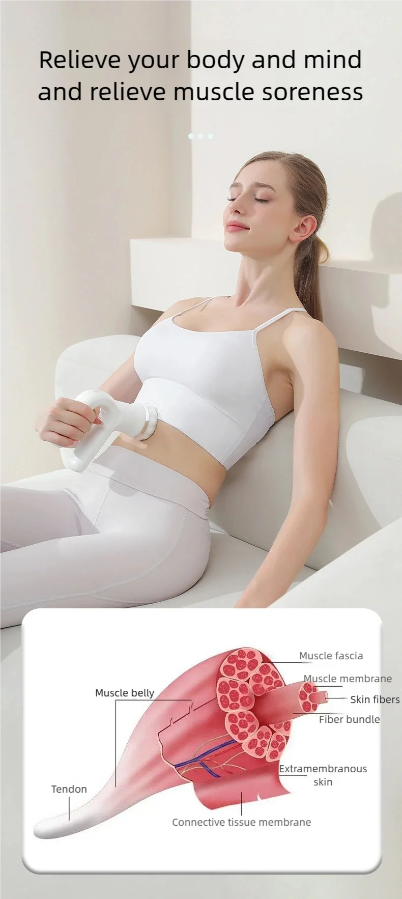 Eine Frau benutzt ein weißes Massagegerät auf ihrem Bauch, während sie auf einem Sofa entspannt liegt. Diagramm zeigt Muskela