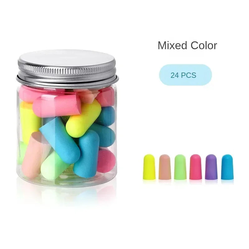 A jar of 24 assorted colored earplugs for noise reduction and protection.