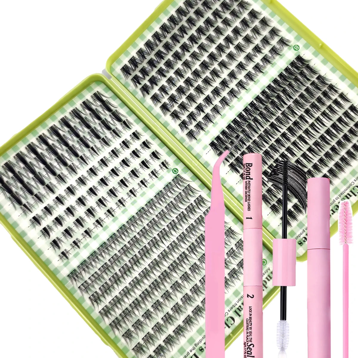 A green plastic tray holds two pink lash extension tools, including a comb and a brush for DIY lash extensions.