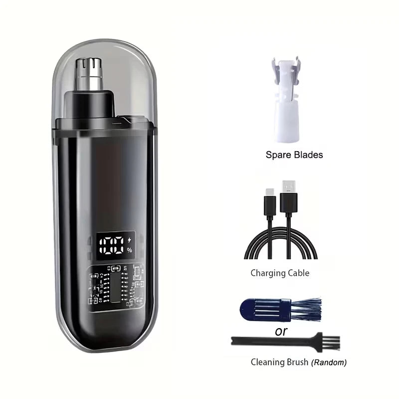 A black electric portable hair and nose trimmer with spare blades, a charging cable, and a cleaning brush.
