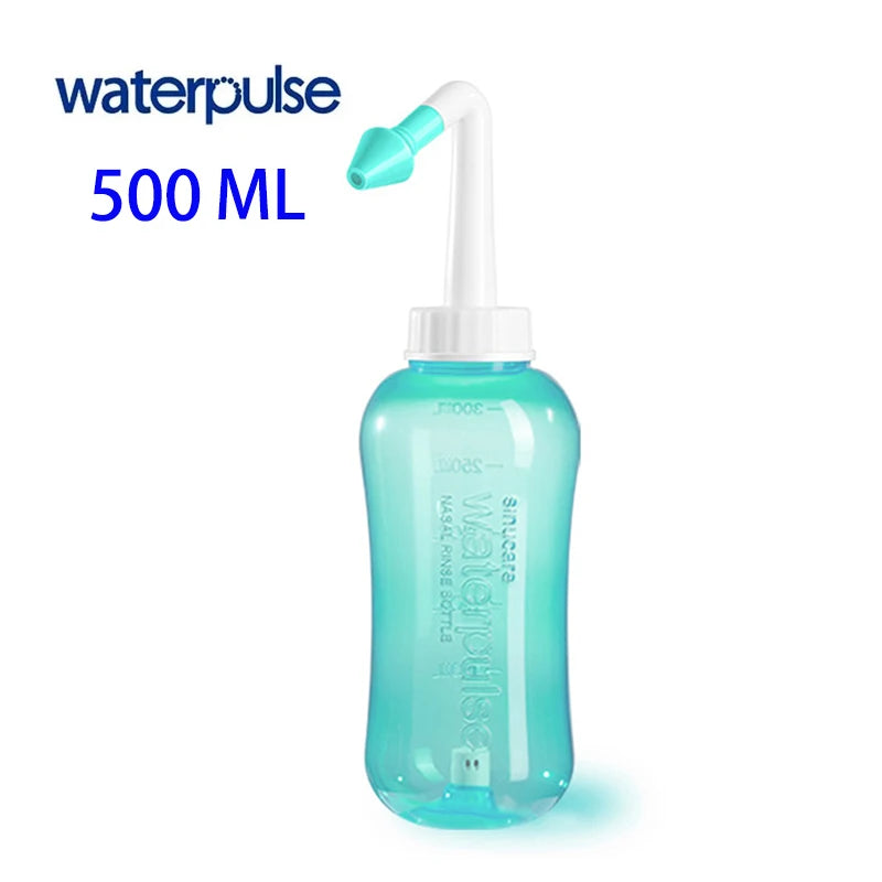 A clear turquoise waterpulse nasal irrigation bottle with a white nozzle and plunger.