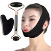 A woman is shown wearing a black V-line face shaping strap for jawline and double chin treatment.