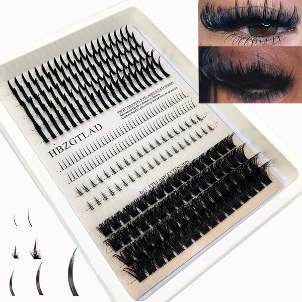 Una caja de extensiones de pestañas profesionales HBZGTLAD, mostrando varios estilos y un primer plano de pestañas terminadas