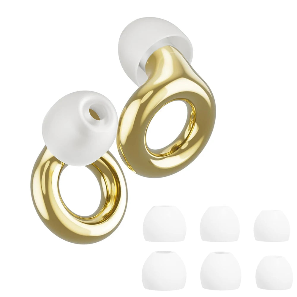 A set of gold and white silicone earplugs for noise reduction