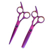 A pair of professional 6-inch stainless steel hairdressing scissors with purple handles and a comb attachment.