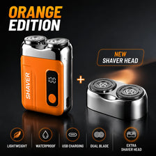 Orange edition portable electric beard shaver with a new shaver head and features like lightweight, waterproof, USB charging,