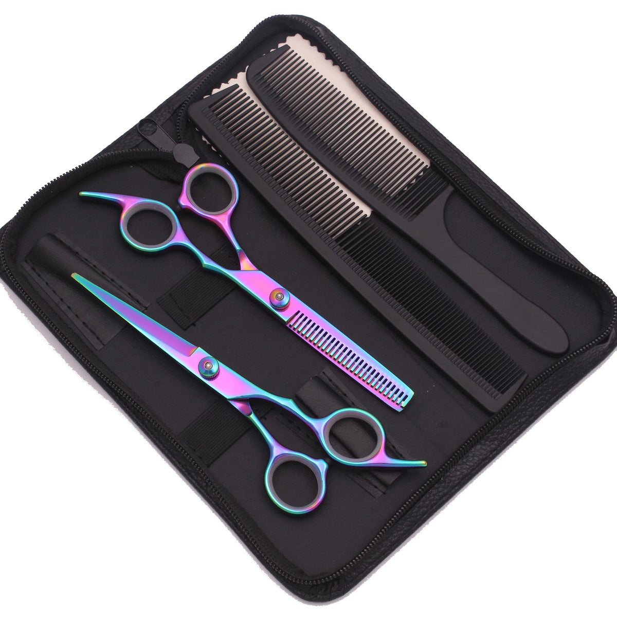 A black case holding a pair of professional stainless steel hairdressing scissors and a comb.