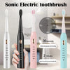 A hand holds a Sonic Electric toothbrush in white, pink, and light blue colors demonstrating its use.