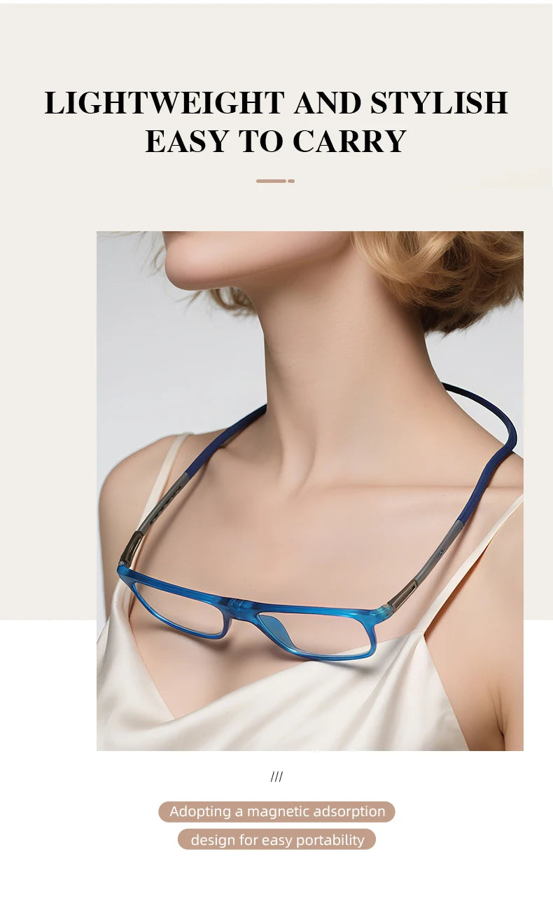 A pair of blue-framed reading glasses with mirror lenses being worn by a woman.
