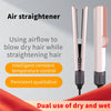 A pink hair straightener with a black tip is shown, highlighting its dual use for dry and wet hair.