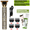 A professional electric hair trimmer with various guard attachments shown alongside the main unit.