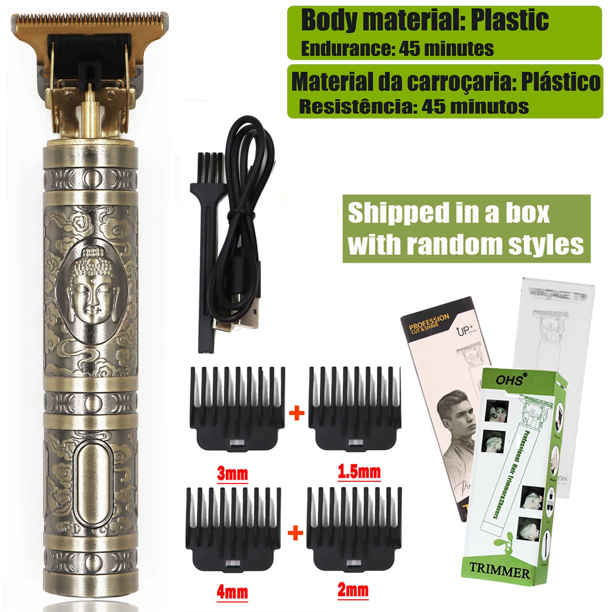 A professional electric hair trimmer with various guard attachments shown alongside the main unit.