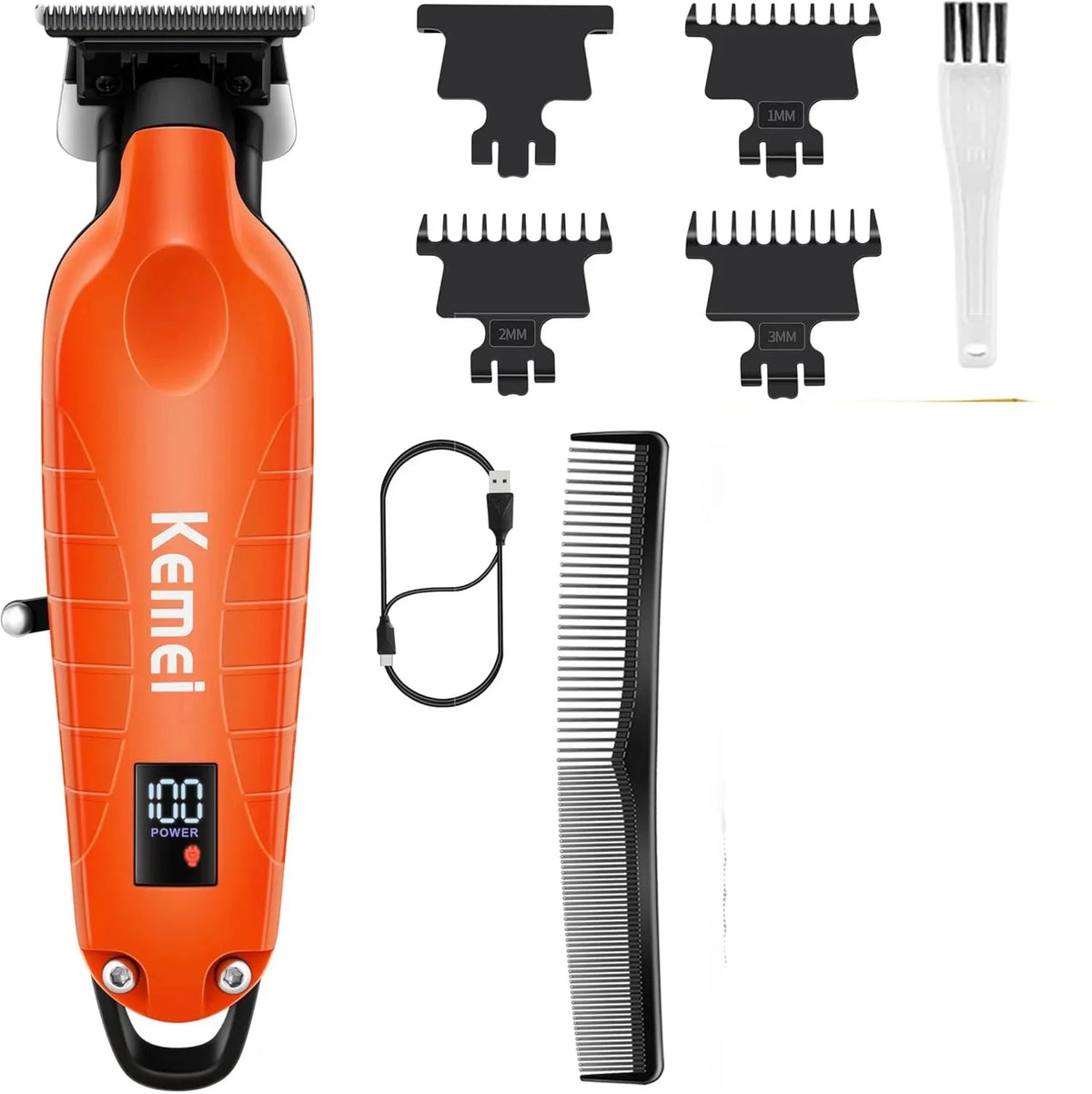Orange Kemei professional cordless hair trimmer with multiple guard attachments and a comb attachment