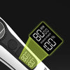 A close-up of a professional rechargeable hair clipper showing an LCD screen displaying battery status and RPM.