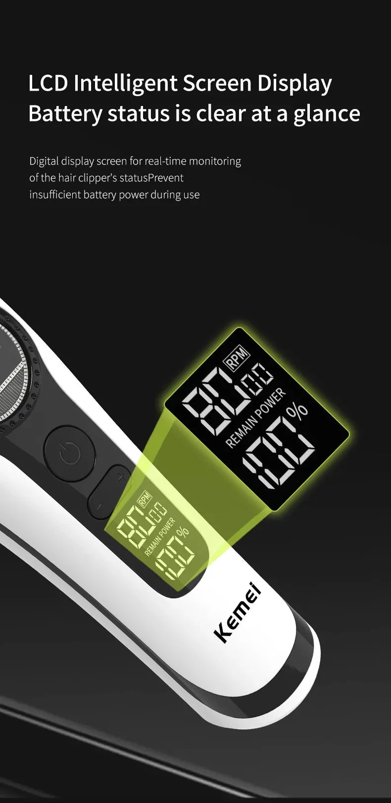 A close-up of a professional rechargeable hair clipper showing an LCD screen displaying battery status and RPM.