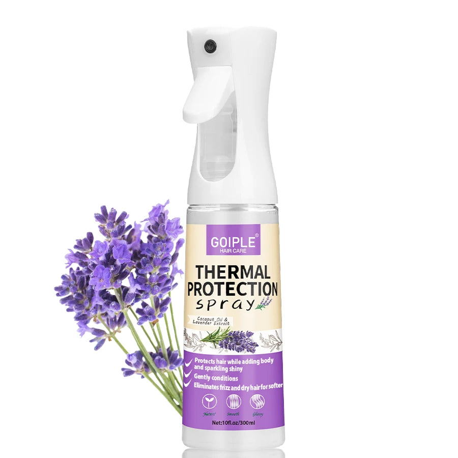 A white bottle of Goiple Thermal Protection spray for hair care with a purple lavender floral design.