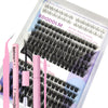 A package of DIY lash extension kit showing various lash types and tools like tweezers and brushes.