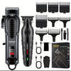 A set of black professional cordless hair trimmers and clippers with various guard attachments shown on a white background.