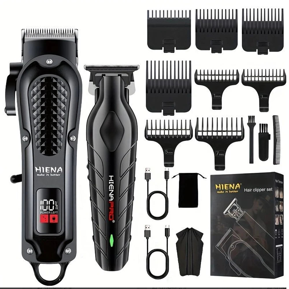A set of black professional cordless hair trimmers and clippers with various guard attachments shown on a white background.