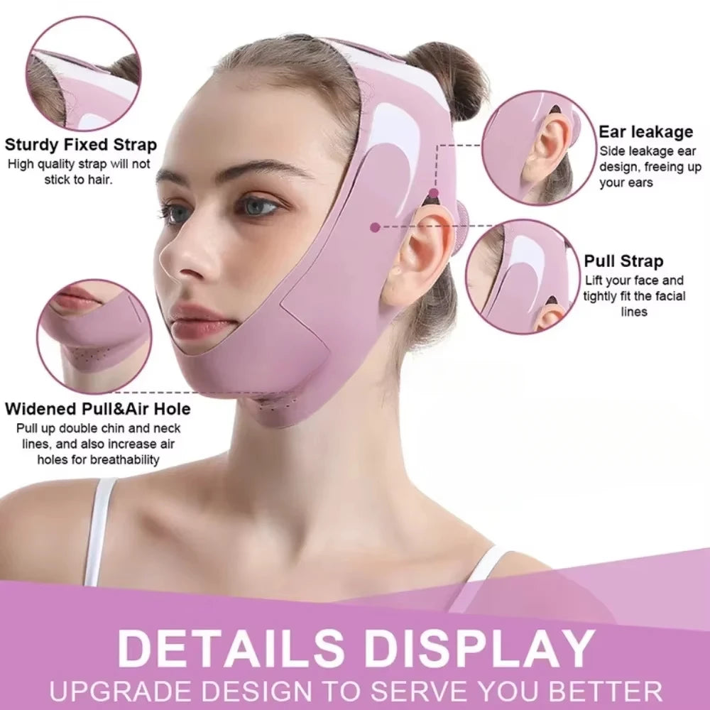 A close-up of a person wearing a pink facial lifting strap designed for contour definition.