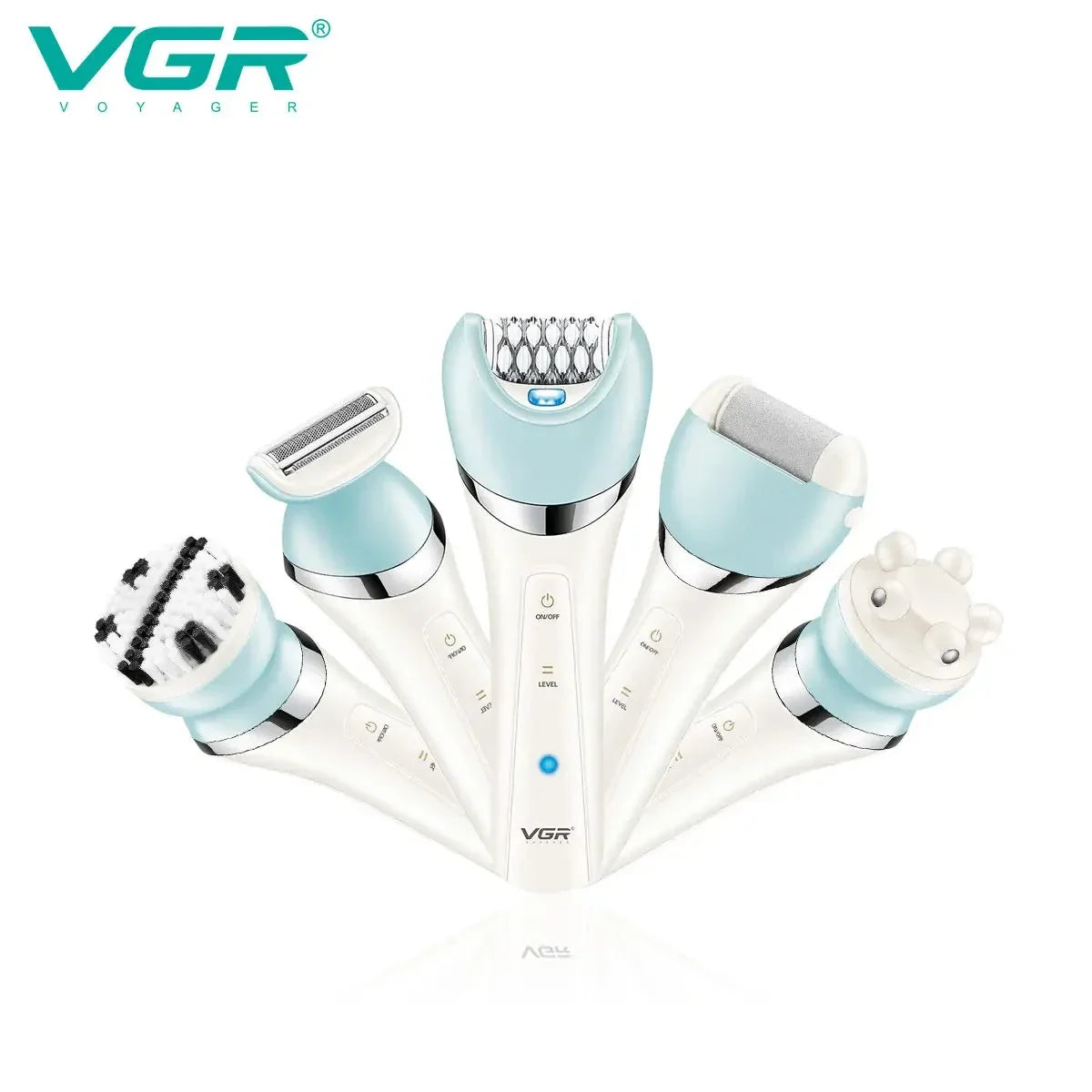 A VGR 5-in-1 electric grooming kit with multiple attachments shown against a white background.