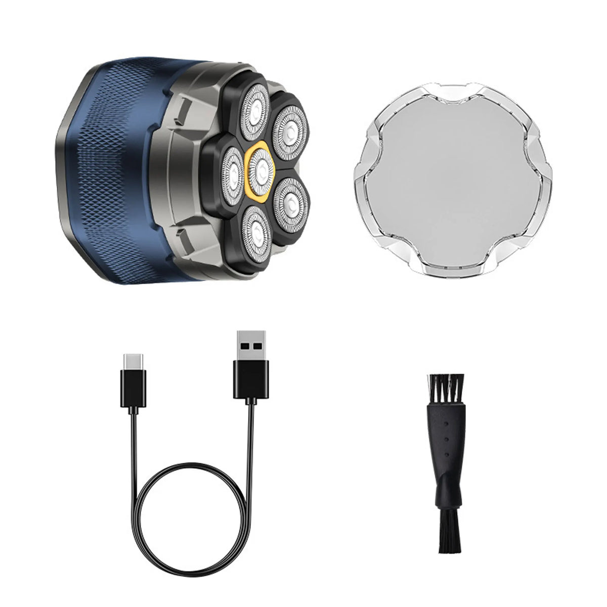 A precision electric shaver with magnetic charging components shown in various views.