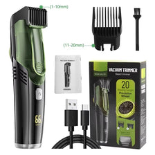A black electric body and beard trimmer with green accents, showing various attachments and accessories.
