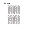 Ten individual barber-grade stainless steel razor blades arranged in a row.
