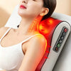 A woman is receiving a deep kneading massage with soothing heat from a red and white pillow device.