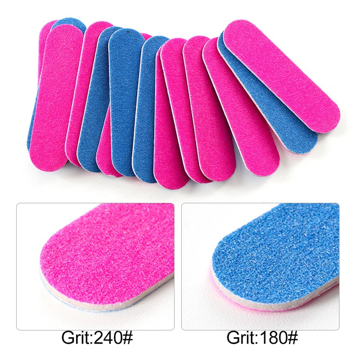 A collection of pink and blue double-sided mini nail files with various grits shown in a row.