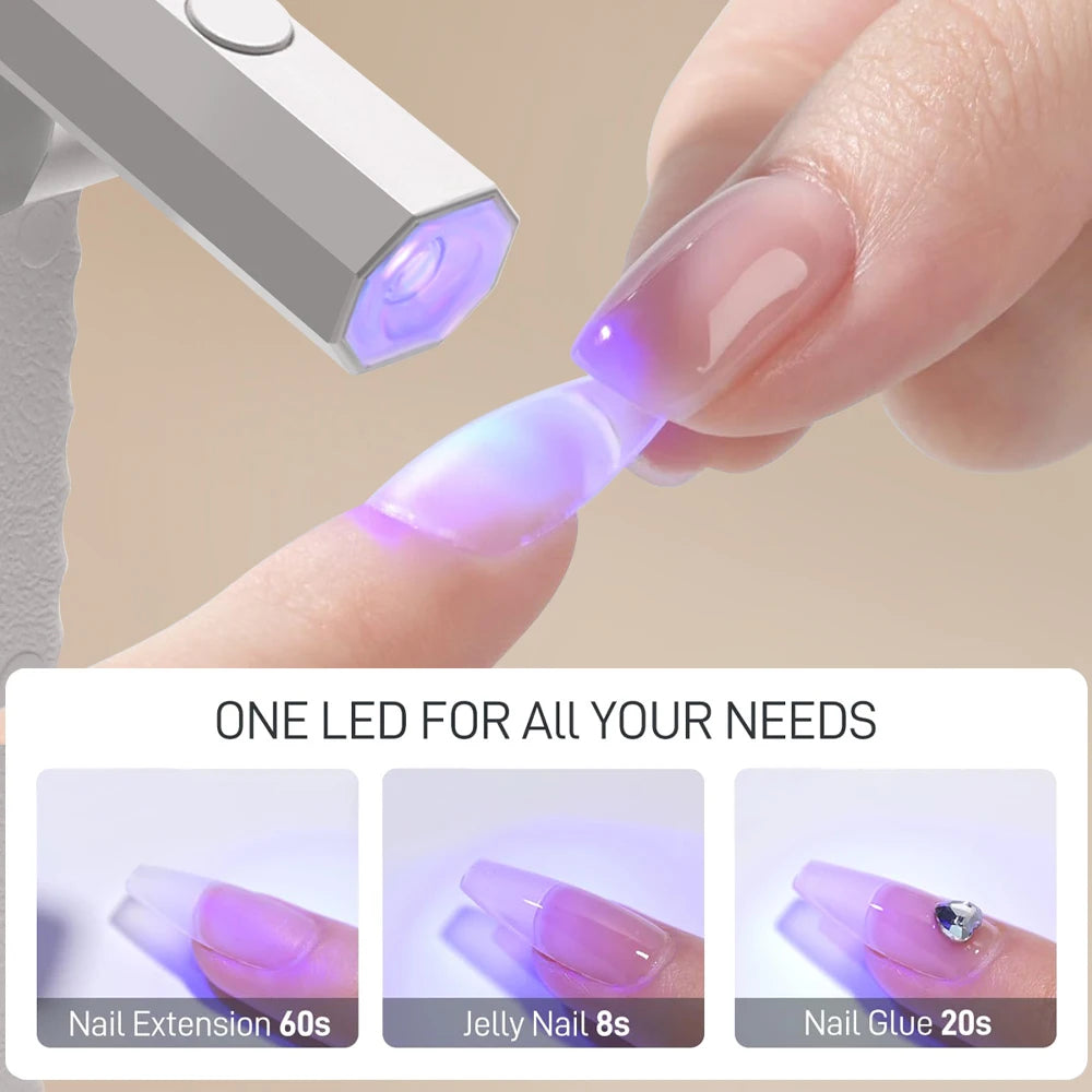 A hand holds a portable UV nail lamp, demonstrating its use for nail extensions, jelly nails, and nail glue.