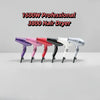A row of six professional ceramic hair dryers in various colors including purple, pink, red, and silver.