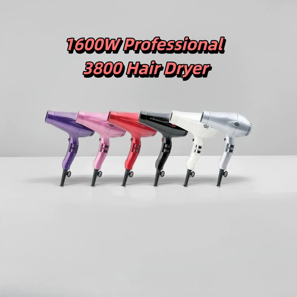 Une rangée de six sèche-cheveux en céramique professionnels de différentes couleurs, y compris violet, rose, rouge et argent.