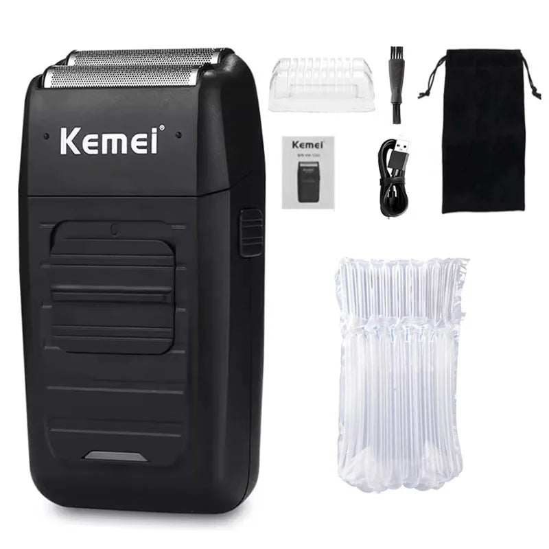 A black electric hair clipper kit with attachments and a storage bag.